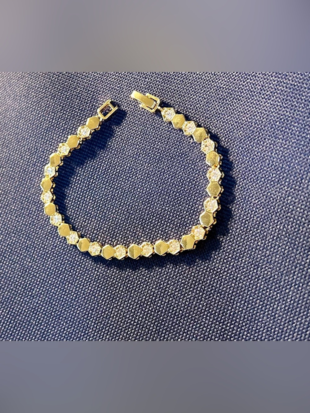 Gold Plated Hexagon Link Tennis Bracelet with Round Stones - Women Jewelry